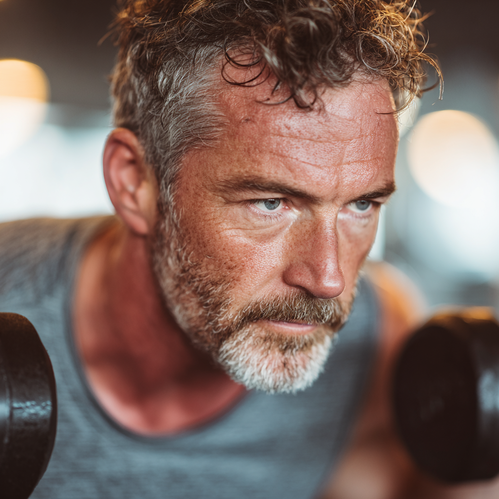 Active man in his early fifties performing strength training exercise with proper form in a bright gym environment, showing focus and determination