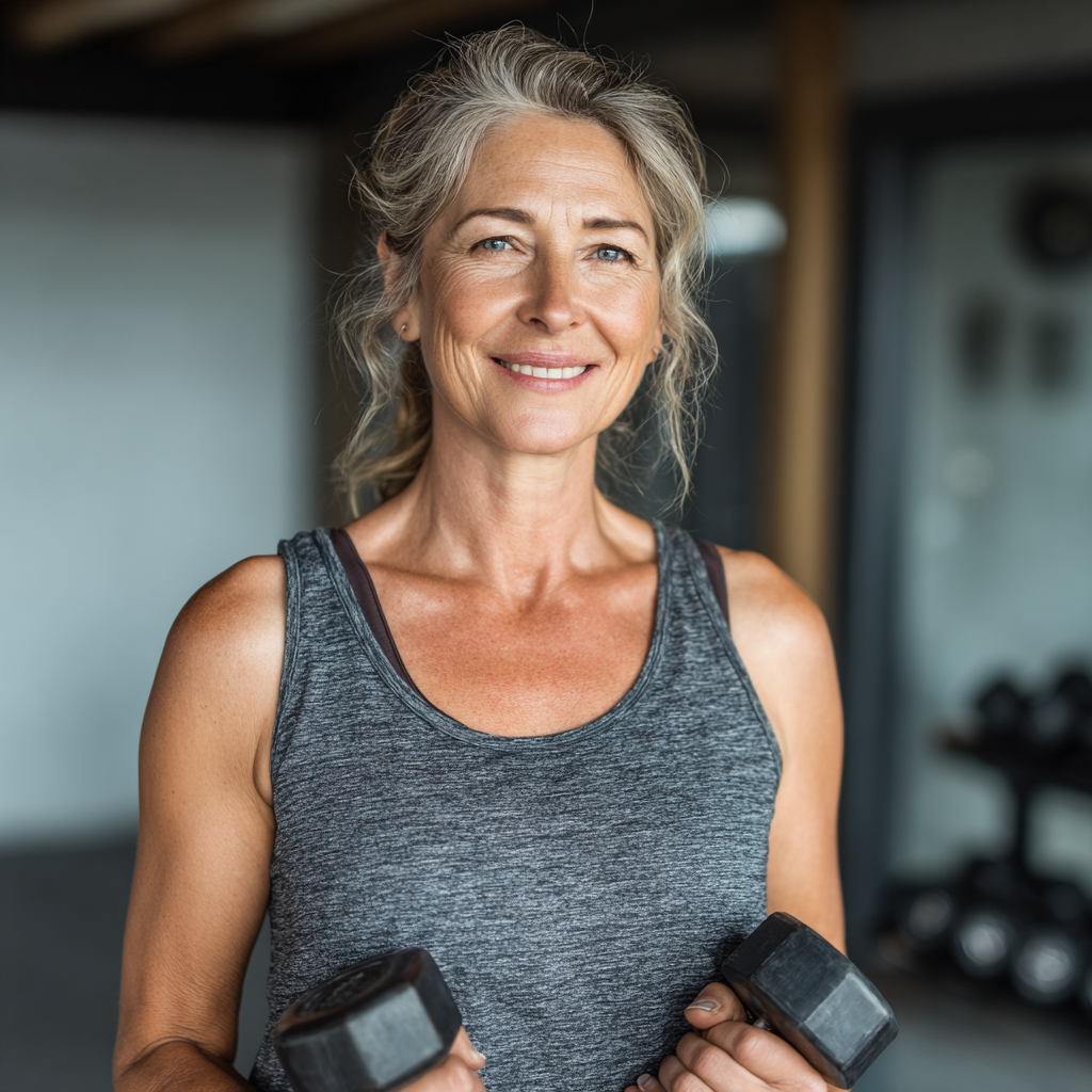 Mature woman in her late forties wearing athletic clothing, smiling confidently while holding dumbbells in a modern fitness studio with natural lighting
